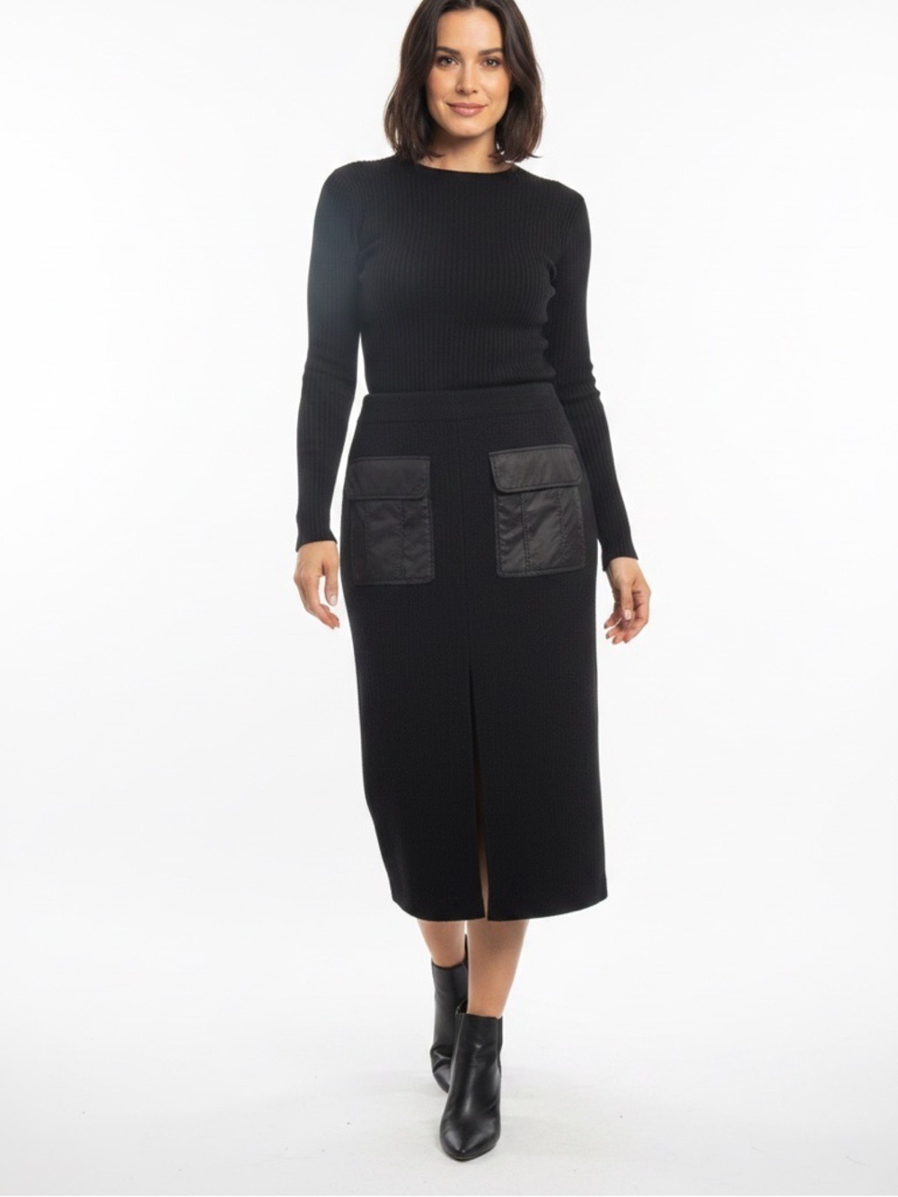 Zara Black Textured Cargo Maxi Skirt Gorpcore Utility Pockets High Slit Large